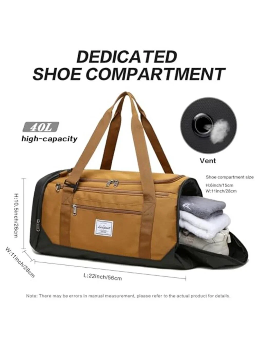 40L Travel Duffle Bag with Shoe Compartment Waterproof Gym Weekender Carry On